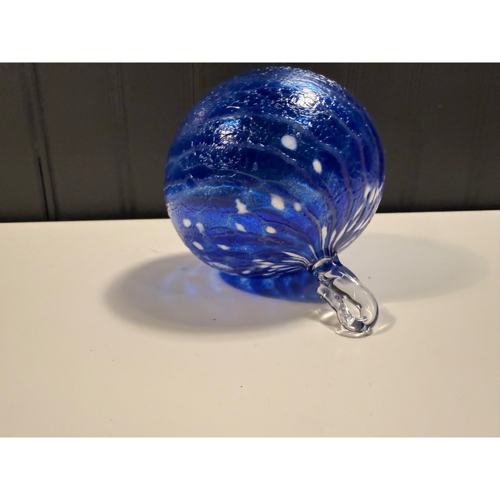 Hand Blown Cobalt Blue Crackle Glass Hanging Ornament Orb Suncatcher 3.25"